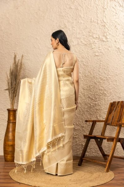 Bohemian Cream Soft Lichi Silk Saree with All Over Jacquard Weaving Work For Wedding Silk Sarees Wholesale