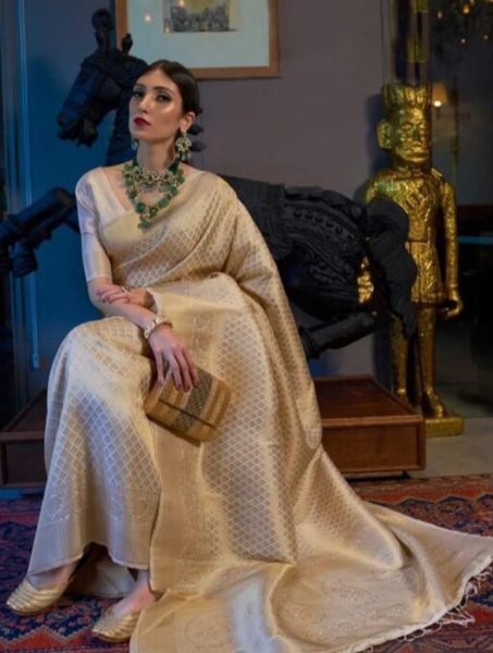 Bohemian Cream Soft Lichi Silk Saree with All Over Jacquard Weaving Work For Wedding Silk Sarees Wholesale