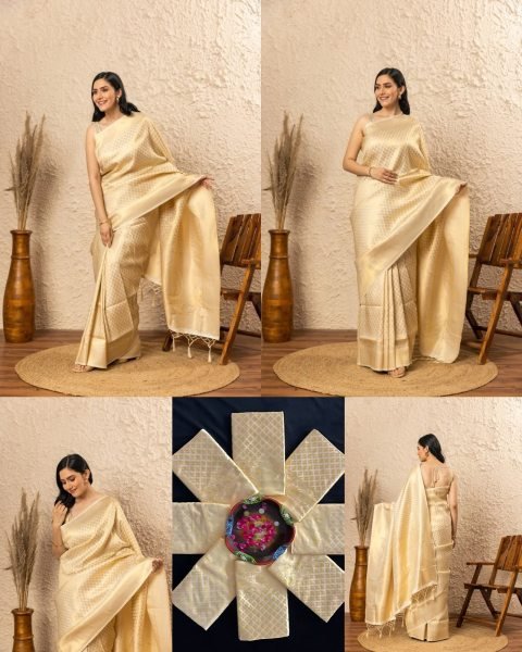 Bohemian Cream Soft Lichi Silk Saree with All Over Jacquard Weaving Work For Wedding Silk Sarees Wholesale