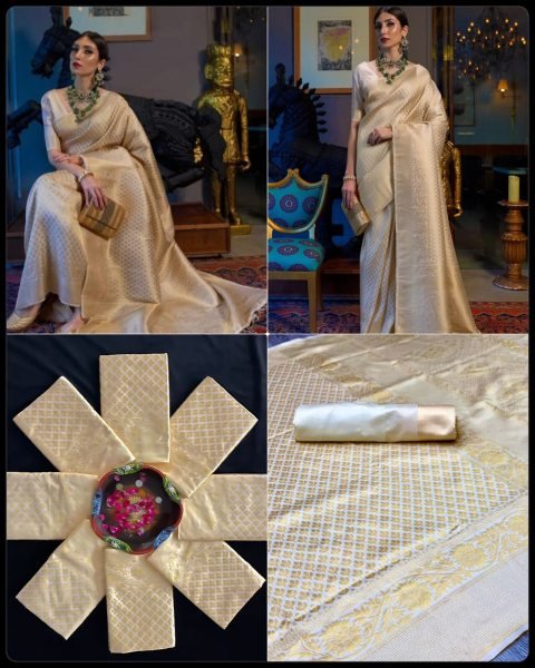 Bohemian Cream Soft Lichi Silk Saree with All Over Jacquard Weaving Work For Wedding Silk Sarees Wholesale