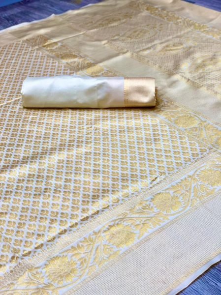 Bohemian Cream Soft Lichi Silk Saree with All Over Jacquard Weaving Work For Wedding Silk Sarees Wholesale