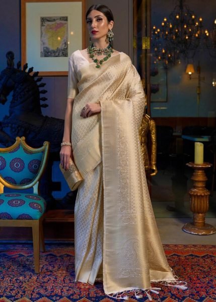 Bohemian Cream Soft Lichi Silk Saree with All Over Jacquard Weaving Work For Wedding Silk Sarees Wholesale