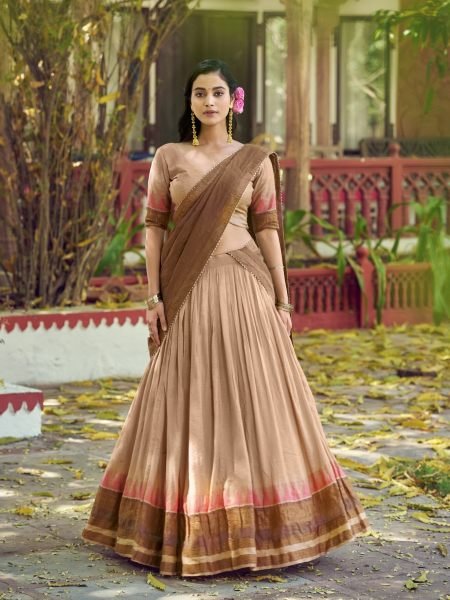 Bohemian Cream South Indian Style Poly Dyeable Lehenga Choli with Zari Border  Lehenga