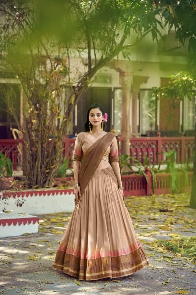 Bohemian Cream South Indian Style Poly Dyeable Lehenga Choli with Zari Border Half Saree Lehenga