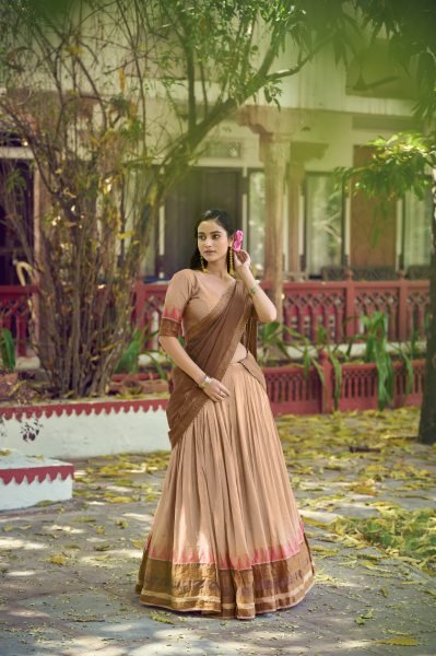 Bohemian Cream South Indian Style Poly Dyeable Lehenga Choli with Zari Border Half Saree Lehenga