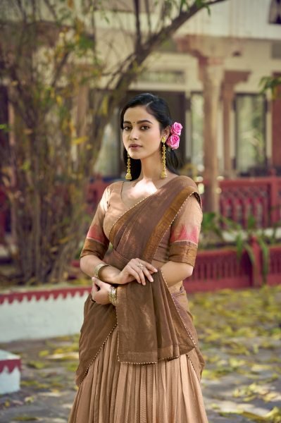 Bohemian Cream South Indian Style Poly Dyeable Lehenga Choli with Zari Border Half Saree Lehenga