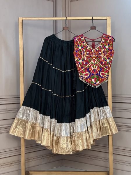 Bohemian Dark Rama Rayon Lehenga Set with Lampi Lace, Frill Stitching and Kutchi Work  Lehenga