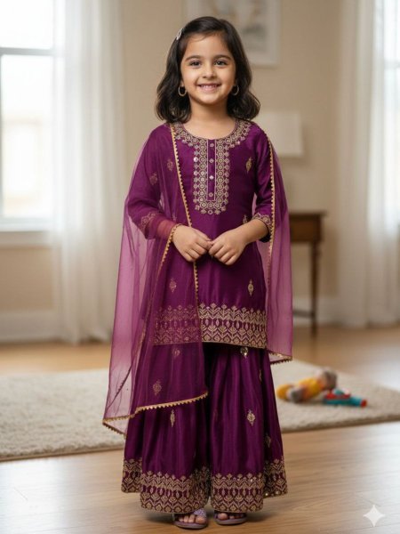 Bohemian Girls Royal Purple Embroidered Kurta Sharara Set with Dupatta  Kurtis