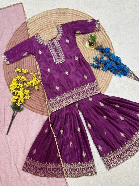 Bohemian Girls Royal Purple Embroidered Kurta Sharara Set with Dupatta  Girls Wear