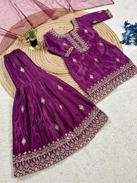 Bohemian Girls Royal Purple Embroidered Kurta Sharara Set with Dupatta  Girls Wear