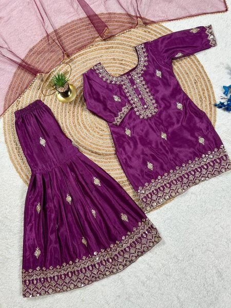 Bohemian Girls Royal Purple Embroidered Kurta Sharara Set with Dupatta  Girls Wear
