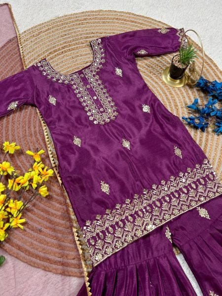 Bohemian Girls Royal Purple Embroidered Kurta Sharara Set with Dupatta  Girls Wear