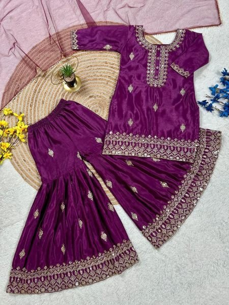 Bohemian Girls Royal Purple Embroidered Kurta Sharara Set with Dupatta  Girls Wear