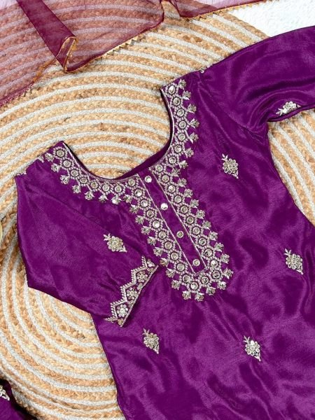 Bohemian Girls Royal Purple Embroidered Kurta Sharara Set with Dupatta  Girls Wear