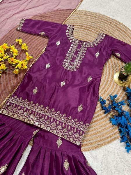 Bohemian Girls Royal Purple Embroidered Kurta Sharara Set with Dupatta  Girls Wear