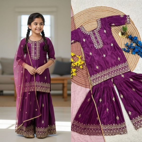 Bohemian Girls Royal Purple Embroidered Kurta Sharara Set with Dupatta  Girls Wear