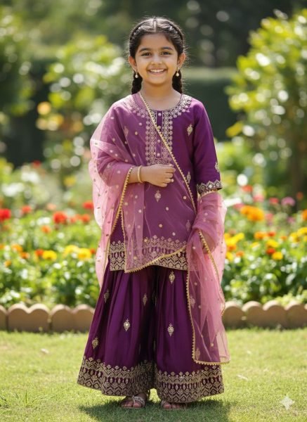 Bohemian Girls Royal Purple Embroidered Kurta Sharara Set with Dupatta  Girls Wear