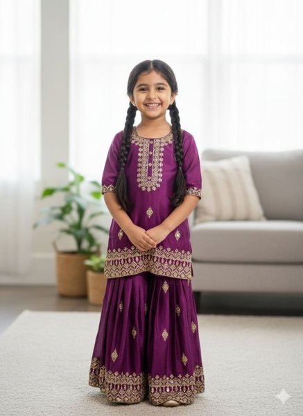 Bohemian Girls Royal Purple Embroidered Kurta Sharara Set with Dupatta  Girls Wear