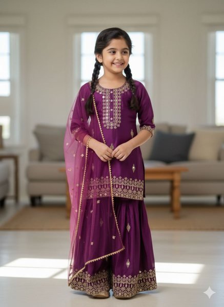 Bohemian Girls Royal Purple Embroidered Kurta Sharara Set with Dupatta  Girls Wear