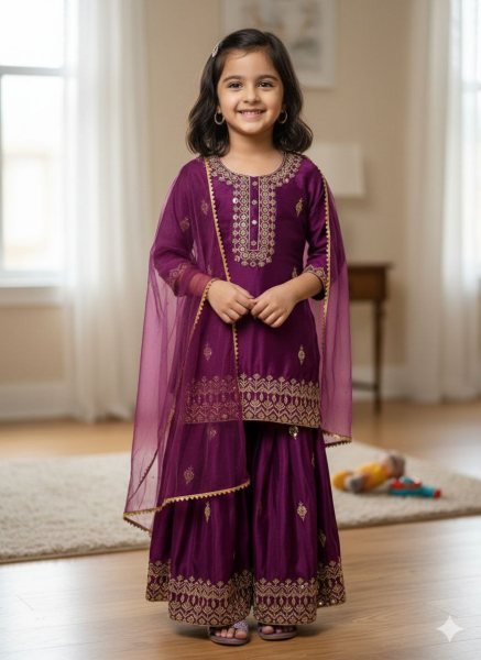 Bohemian Girls Royal Purple Embroidered Kurta Sharara Set with Dupatta  Girls Wear