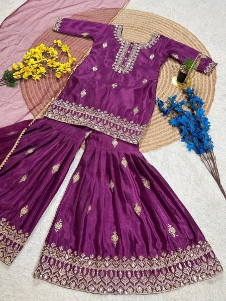 Bohemian Girls Royal Purple Embroidered Kurta Sharara Set with Dupatta  Girls Wear