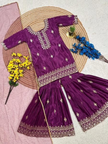 Bohemian Girls Royal Purple Embroidered Kurta Sharara Set with Dupatta  Girls Wear