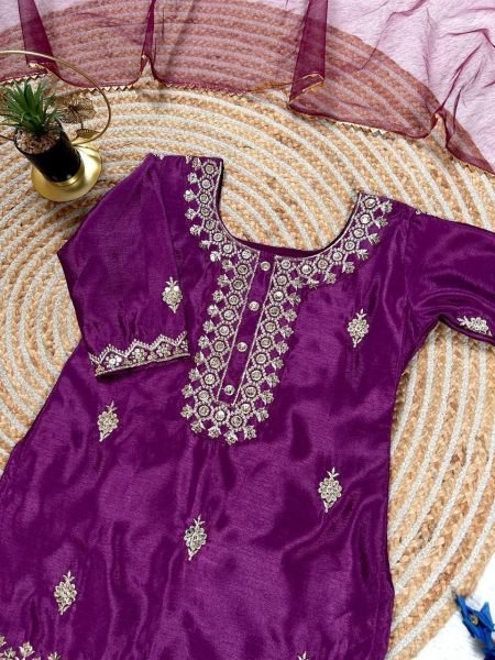 Bohemian Girls Royal Purple Embroidered Kurta Sharara Set with Dupatta  Girls Wear