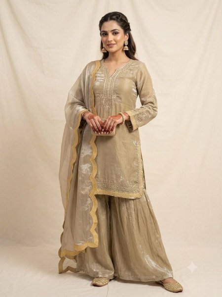 Bohemian Golden Fendy Embroidered Festive Short Kurti Palazzo Set Wholesale Manufacturer Ready To Wear Suit