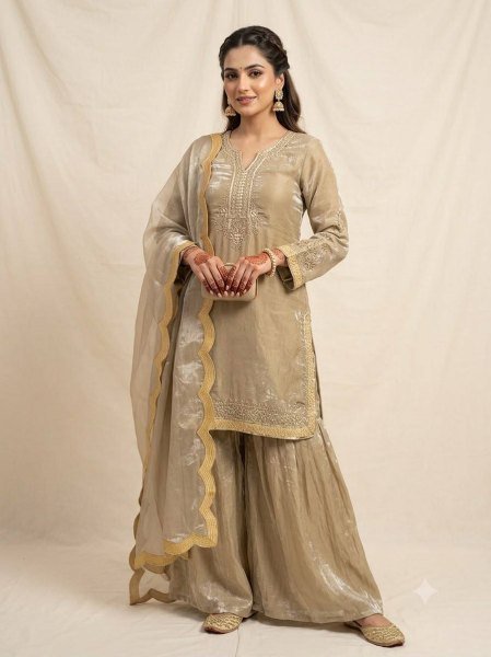 Bohemian Golden Fendy Embroidered Festive Short Kurti Palazzo Set Wholesale Manufacturer Ready To Wear Collection