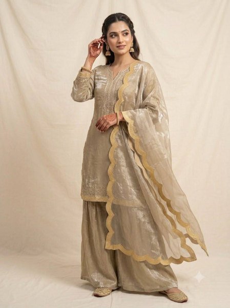 Bohemian Golden Fendy Embroidered Festive Short Kurti Palazzo Set Wholesale Manufacturer Ready To Wear Collection