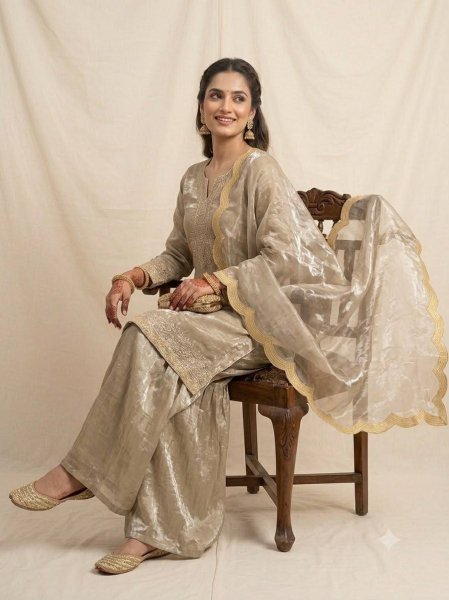 Bohemian Golden Fendy Embroidered Festive Short Kurti Palazzo Set Wholesale Manufacturer Ready To Wear Collection