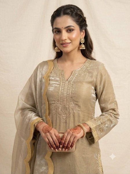 Bohemian Golden Fendy Embroidered Festive Short Kurti Palazzo Set Wholesale Manufacturer Ready To Wear Collection