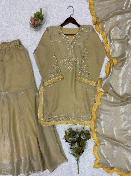 Bohemian Golden Fendy Embroidered Festive Short Kurti Palazzo Set Wholesale Manufacturer Ready To Wear Collection