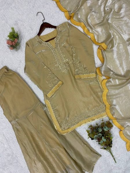 Bohemian Golden Fendy Embroidered Festive Short Kurti Palazzo Set Wholesale Manufacturer Ready To Wear Collection