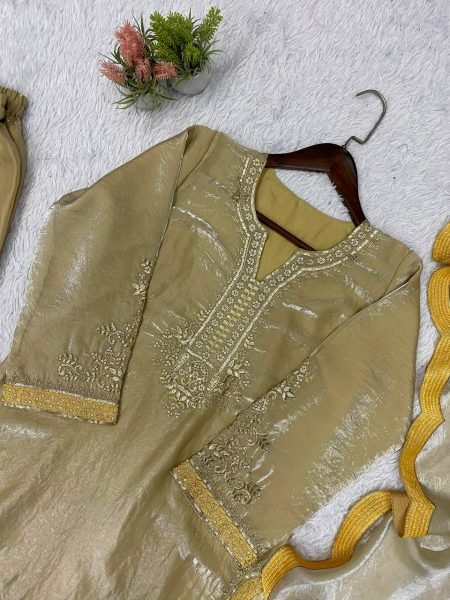 Bohemian Golden Fendy Embroidered Festive Short Kurti Palazzo Set Wholesale Manufacturer Ready To Wear Collection