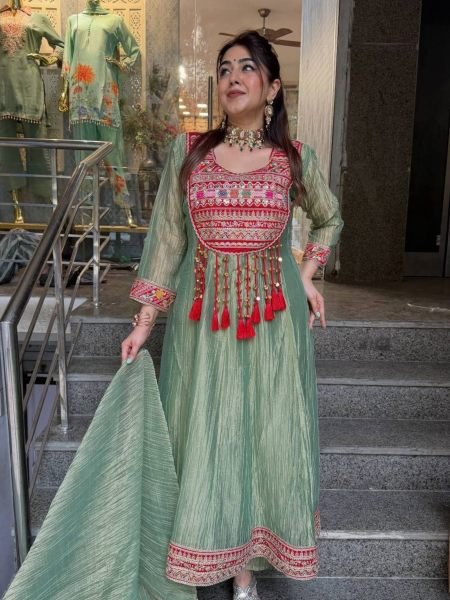 Bohemian Green Designer Salsa Crush Silk Top with Coding Dori and Latkan at Wholesale Rate Ready To Wear Suit