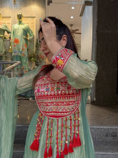 Bohemian Green Designer Salsa Crush Silk Top with Coding Dori and Latkan at Wholesale Rate Ready To Wear Collection