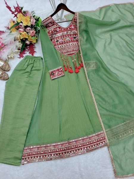 Bohemian Green Designer Salsa Crush Silk Top with Coding Dori and Latkan at Wholesale Rate Ready To Wear Collection