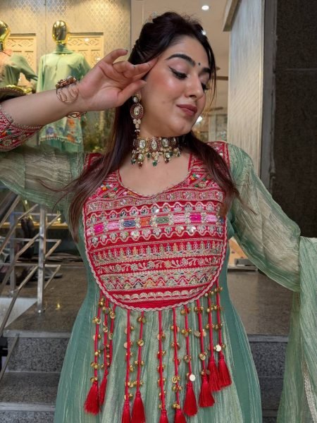 Bohemian Green Designer Salsa Crush Silk Top with Coding Dori and Latkan at Wholesale Rate Ready To Wear Collection