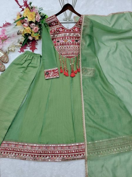 Bohemian Green Designer Salsa Crush Silk Top with Coding Dori and Latkan at Wholesale Rate Ready To Wear Collection