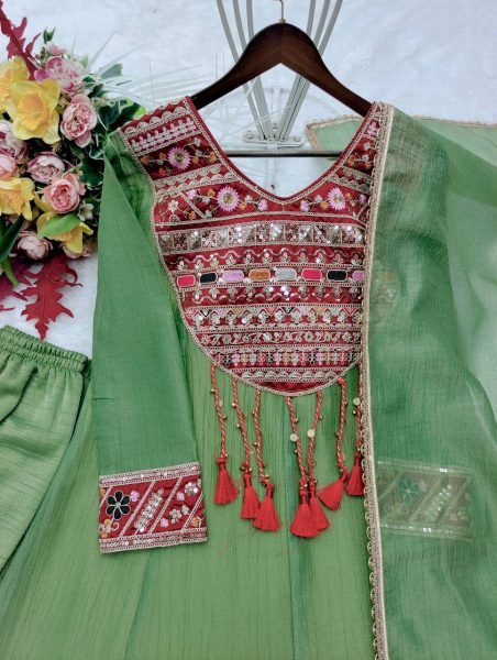 Bohemian Green Designer Salsa Crush Silk Top with Coding Dori and Latkan at Wholesale Rate Ready To Wear Collection