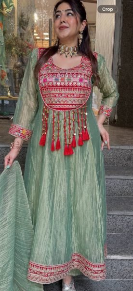 Bohemian Green Designer Salsa Crush Silk Top with Coding Dori and Latkan at Wholesale Rate Ready To Wear Collection