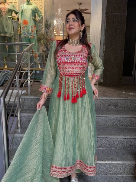 Bohemian Green Designer Salsa Crush Silk Top with Coding Dori and Latkan at Wholesale Rate Ready To Wear Collection