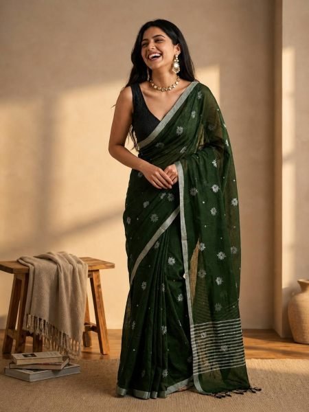 Bohemian Green Linen Cotton Digital Printed Saree with Contrast Color Border at Wholesale Rate 