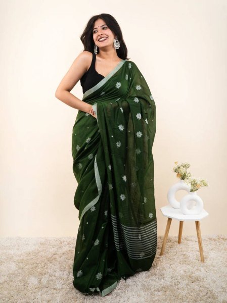 Bohemian Green Linen Cotton Digital Printed Saree with Contrast Color Border at Wholesale Rate Linen Sarees Wholesale