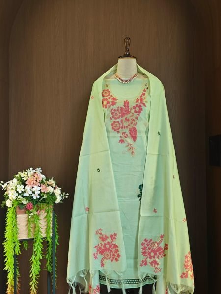 Bohemian Green Pure Tussar Silk Unstitched Salwar Suit with Dupatta For Party Wear 