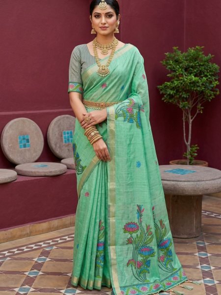 Bohemian Green Traditional Muga Cotton Saree with Zari Weaving Border and Elegant Tassels Sarees 