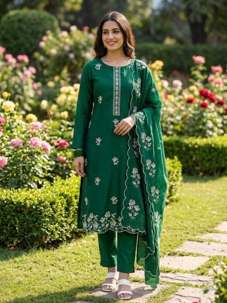 Bohemian Green Vichitra Silk Kurti with Santoon Bottom and Sequins Dupatta 