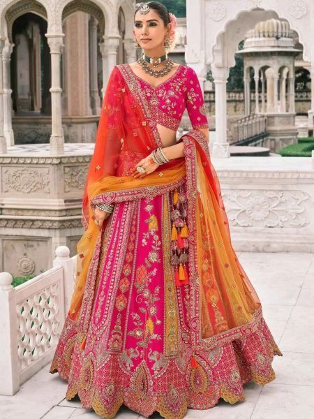 Bohemian Hot Pink Embroidered Silk Lehenga with Mirror Work for Party Wear 