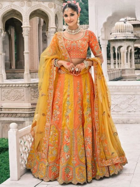 Wedding Special Orange And Yellow Fancy Silk Lehenga with Designer Blouse 
